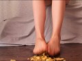 CRUSH FOOD IN BEIGE NYLON PANTYHOSE FEET CLOSE UP / FOOT FETISH