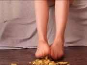 CRUSH FOOD IN BEIGE NYLON PANTYHOSE FEET CLOSE UP / FOOT FETISH