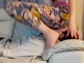 Fullweight facesitting ass worship and femdom handjob in colourful leggings!! Sniff my ass and cum!!