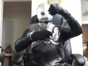 Black PVC suit with new latex mask gagging & drooling, handcuff to chair, unzip cock and rubbing