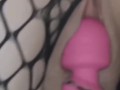 Sexy teen in fishnets squirting with orgasms while vibrating sensitive clit!