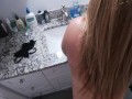 My friend's wife let me share the bathroom with her (Creampied on bathroom sink)