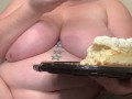 Chubby Busty Ruby Sinclaire Eats Cheesecake Naked with only hands on webcam