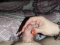 He loves it when i make his little dick cum with my orange long nails *cum runs on my long nails*