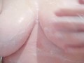 Naked Natural Boobs Tease. Bathroom pleasure. Close Up.