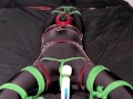Bodysuit Bondage - Miss Perversion teased with a wand in bondage while wearing a bodysuit and latex