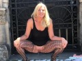 Hot blonde MILF in heels and fishnets takes a public piss at a cemetery