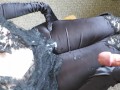 Cummybush HELPING HAND CUM - gloved milf gives cfnm handjob- sticky jizz shoots all over her clothes
