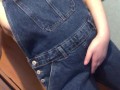 Wetting denim overalls and rubbing pussy