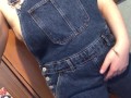 Wetting denim overalls and rubbing pussy