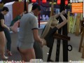 The Sims 4:6 people having intense sex on an easel