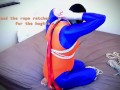 Self bondage hogtie fail in blue and orange