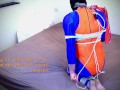 Self bondage hogtie fail in blue and orange