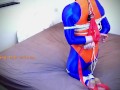 Self bondage hogtie fail in blue and orange