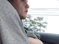 Playing and sucking wife's tits on car ride 