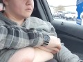 Playing and sucking wife's tits on car ride 