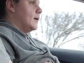 Playing and sucking wife's tits on car ride 