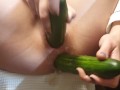 Cucumbers in my ass and pussy make me squirt Anal fisting with vegetables