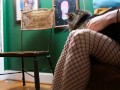 voyeurism--girl sits in milk "the milk is for the pussy" -- weird erotica -- fishnets -- GFE