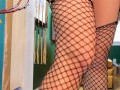 voyeurism--girl sits in milk "the milk is for the pussy" -- weird erotica -- fishnets -- GFE