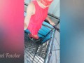 Hot milf goes to the roof on a dangerous iron ladder to pee on the solar panel
