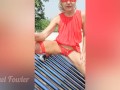 Hot milf goes to the roof on a dangerous iron ladder to pee on the solar panel