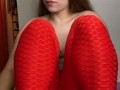 Cute pawg in red leggings plays with her pink dildo