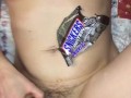 FOOD PORN - CUM EATING FETISH: I eat my own CUM COVERED Snickers Bar along with my wifes Pussy & Ass