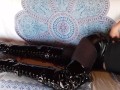 Laura on Heels amateur 2021 on a sofa wearing black sexy platform boots over the knees