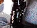 Laura on Heels amateur 2021 on a sofa wearing black sexy platform boots over the knees