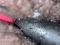 WET HAIRY PUSSY DILDO FUCKED AND PISSING WHILE PARENTS IN ANOTHER ROOM 