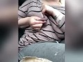 Driving while playing with milky tits & hairy pussy 