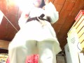Your Italian giantess practices Karate in a cellar and crushes you under her dirty feet