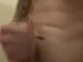 Tattooed male taking shower while jerking off, talking, and cumming 
