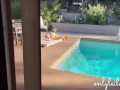 Lesbian Best Friends Oiled Up Dildo Sex Outside by the Pool