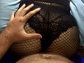 Hot wife in fishnets lapdance and handjob made him cum in pants