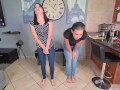 Two dirty brunettes desperately pissing in their own jeans | undressing