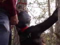 Tied to a tree on a sexy outfit, masked and outdoor deepthroat with no mercy