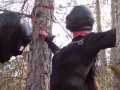 Tied to a tree on a sexy outfit, masked and outdoor deepthroat with no mercy