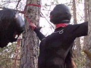 Tied to a tree on a sexy outfit, masked and outdoor deepthroat with no mercy