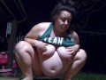 slut bbw wife pissing peeing outside public urination in front of plays with breasts