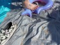 BBW milf crushes floatie in public at the beach