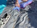 BBW milf crushes floatie in public at the beach