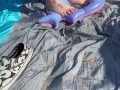 BBW milf crushes floatie in public at the beach