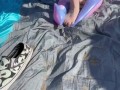 BBW milf crushes floatie in public at the beach