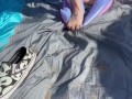 BBW milf crushes floatie in public at the beach