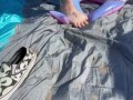BBW milf crushes floatie in public at the beach
