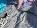 BBW milf crushes floatie in public at the beach