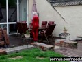 Hot Blonde Girl Works And Piss Outdoor In The Garden In Red Latex Catsuit + Gloves + High Heels