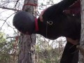 Tied up to a tree outdoor on sexy clothes, wearing pantyhose and high ankle boots heels, rough fuck